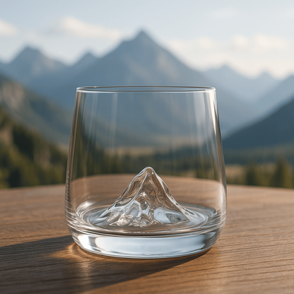 Set of 6 Mountain-Peak Whiskey Glasses – 3D Sculpted Base, Thick-Bottom Rocks Tumblers for Whisky, Bourbon, Cocktails & Juice | Lead-Free Clear Glass