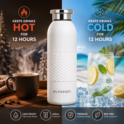 Glassozy 650ml Vacuum Insulated Stainless Steel Water Bottle – 12 Hours Hot & Cold, Leak-Proof, BPA-Free Reusable Travel Flask