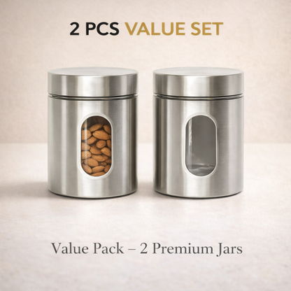 740 ML Stainless Steel Storage Jar Set of 2 with Transparent Window – Airtight Kitchen Container for Dry Fruits, Coffee, Sugar, Tea & Snacks (Modern Silver Finish)