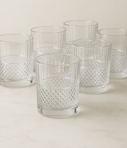 Glassozy Diamond Luxe Glass Set of 6 | Premium 340ml Whisky, Juice & Water Tumblers | Elegant Textured Glassware for Home, Bar & Festive Gifting | Crystal-Cut Design | Durable & Dishwasher Safe