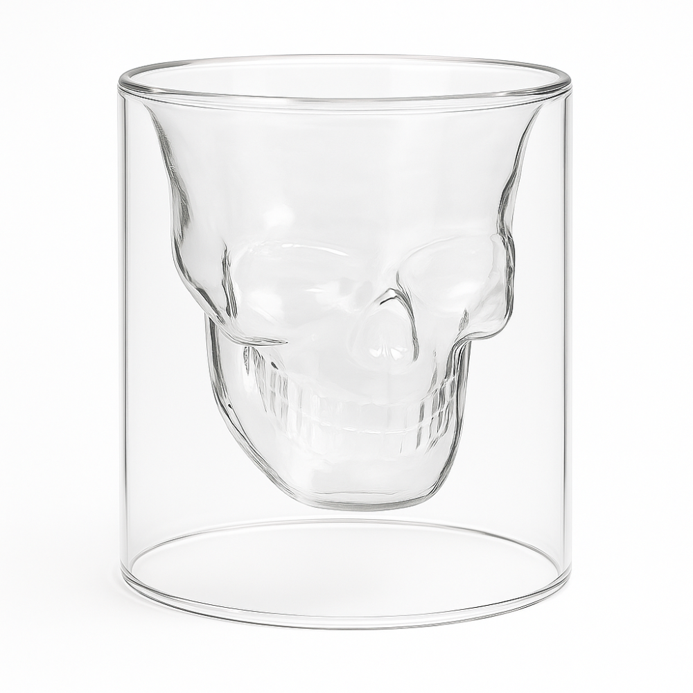 3D Skull Double-Wall Whiskey Glass – Premium Borosilicate Crystal Tumbler for Cocktails, Whiskey & Bar Décor | Insulated Transparent Skull Mug (300 ml)