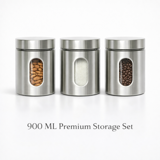 900 ML Stainless Steel Storage Jar Set of 3 with Transparent Window – Airtight Kitchen Containers for Coffee, Sugar, Tea, Dry Fruits & Pantry Storage (Modern Silver Finish)
