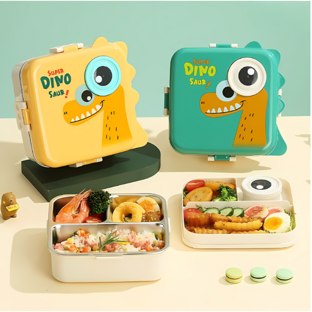 Cute Dinosaur Kids Lunch Box | 3-Compartment Leak-Proof Bento Tiffin with Stainless Steel Tray | Cartoon Dino School Lunch Box for Boys & Girls