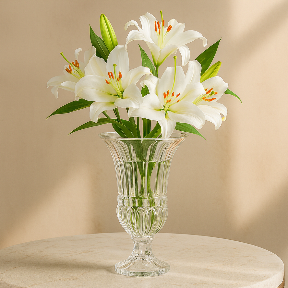 DELISOGA Premium Cut Glass Flower Vase – Tall Crystal Urn Design with Fluted Pattern  | Elegant Centerpiece for Living Room, Dining Table & Gifting (1 Pc)