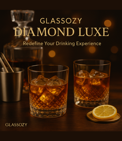 Glassozy Diamond Luxe Glass Set of 6 | Premium 340ml Whisky, Juice & Water Tumblers | Elegant Textured Glassware for Home, Bar & Festive Gifting | Crystal-Cut Design | Durable & Dishwasher Safe
