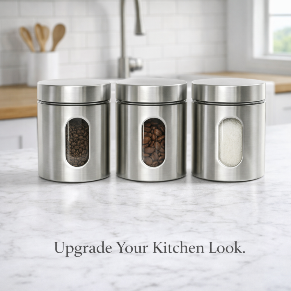 900 ML Stainless Steel Storage Jar Set of 3 with Transparent Window – Airtight Kitchen Containers for Coffee, Sugar, Tea, Dry Fruits & Pantry Storage (Modern Silver Finish)