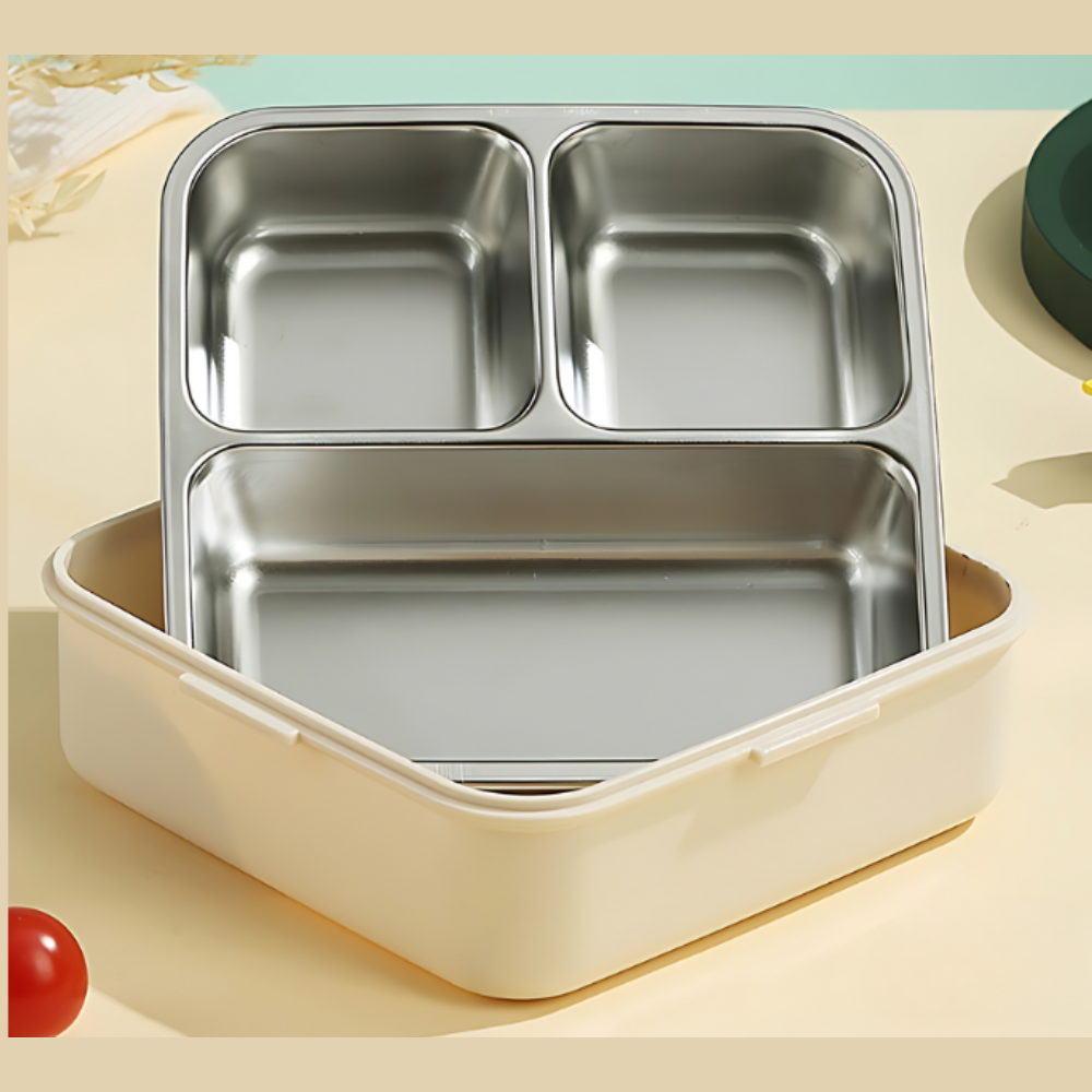 Cute Dinosaur Kids Lunch Box | 3-Compartment Leak-Proof Bento Tiffin with Stainless Steel Tray | Cartoon Dino School Lunch Box for Boys & Girls