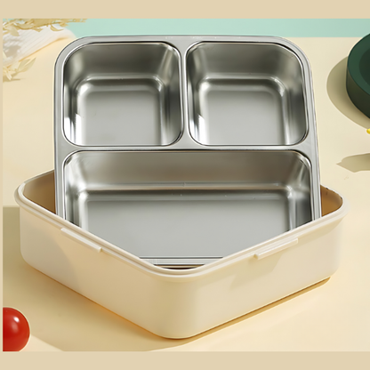 Cute Dinosaur Kids Lunch Box | 3-Compartment Leak-Proof Bento Tiffin with Stainless Steel Tray | Cartoon Dino School Lunch Box for Boys & Girls