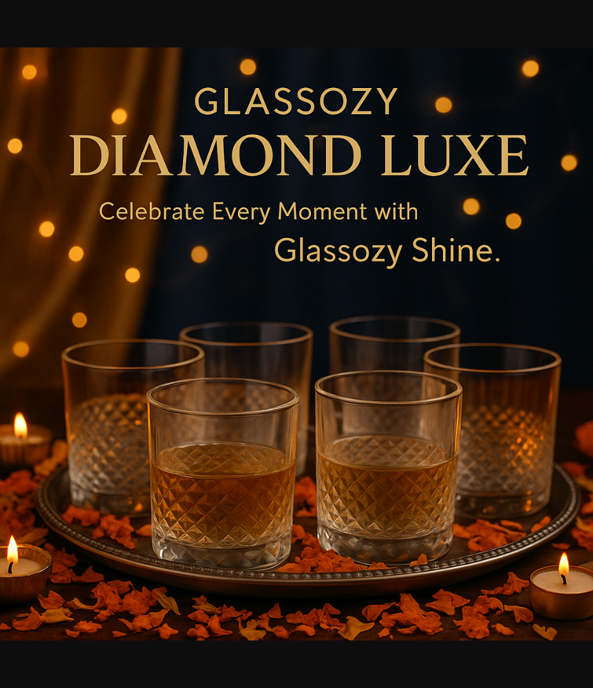 Glassozy Diamond Luxe Glass Set of 6 | Premium 340ml Whisky, Juice & Water Tumblers | Elegant Textured Glassware for Home, Bar & Festive Gifting | Crystal-Cut Design | Durable & Dishwasher Safe