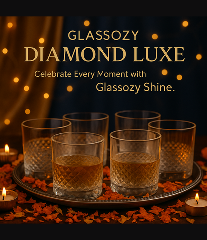 Glassozy Diamond Luxe Glass Set of 6 | Premium 340ml Whisky, Juice & Water Tumblers | Elegant Textured Glassware for Home, Bar & Festive Gifting | Crystal-Cut Design | Durable & Dishwasher Safe