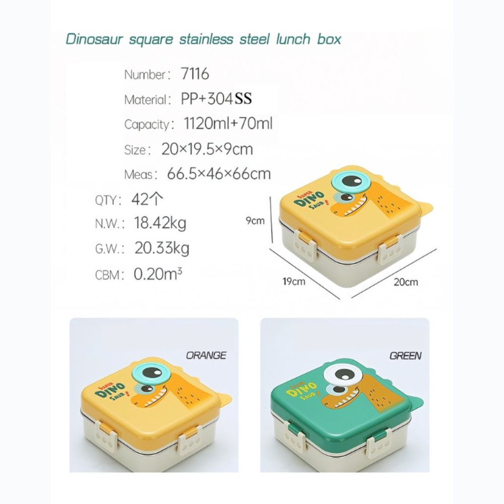 Cute Dinosaur Kids Lunch Box | 3-Compartment Leak-Proof Bento Tiffin with Stainless Steel Tray | Cartoon Dino School Lunch Box for Boys & Girls