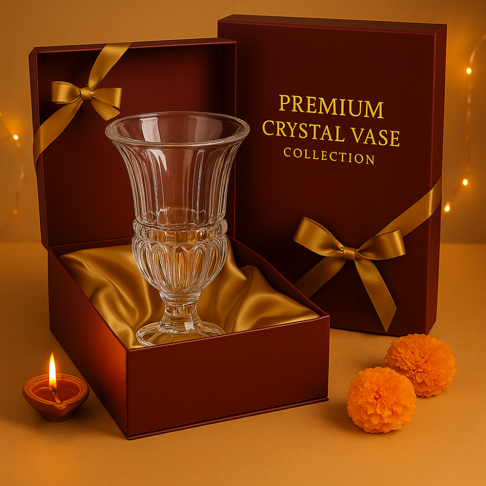 DELISOGA Premium Cut Glass Flower Vase – Tall Crystal Urn Design with Fluted Pattern  | Elegant Centerpiece for Living Room, Dining Table & Gifting (1 Pc)