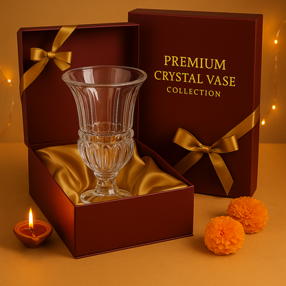 DELISOGA Premium Cut Glass Flower Vase – Tall Crystal Urn Design with Fluted Pattern  | Elegant Centerpiece for Living Room, Dining Table & Gifting (1 Pc)