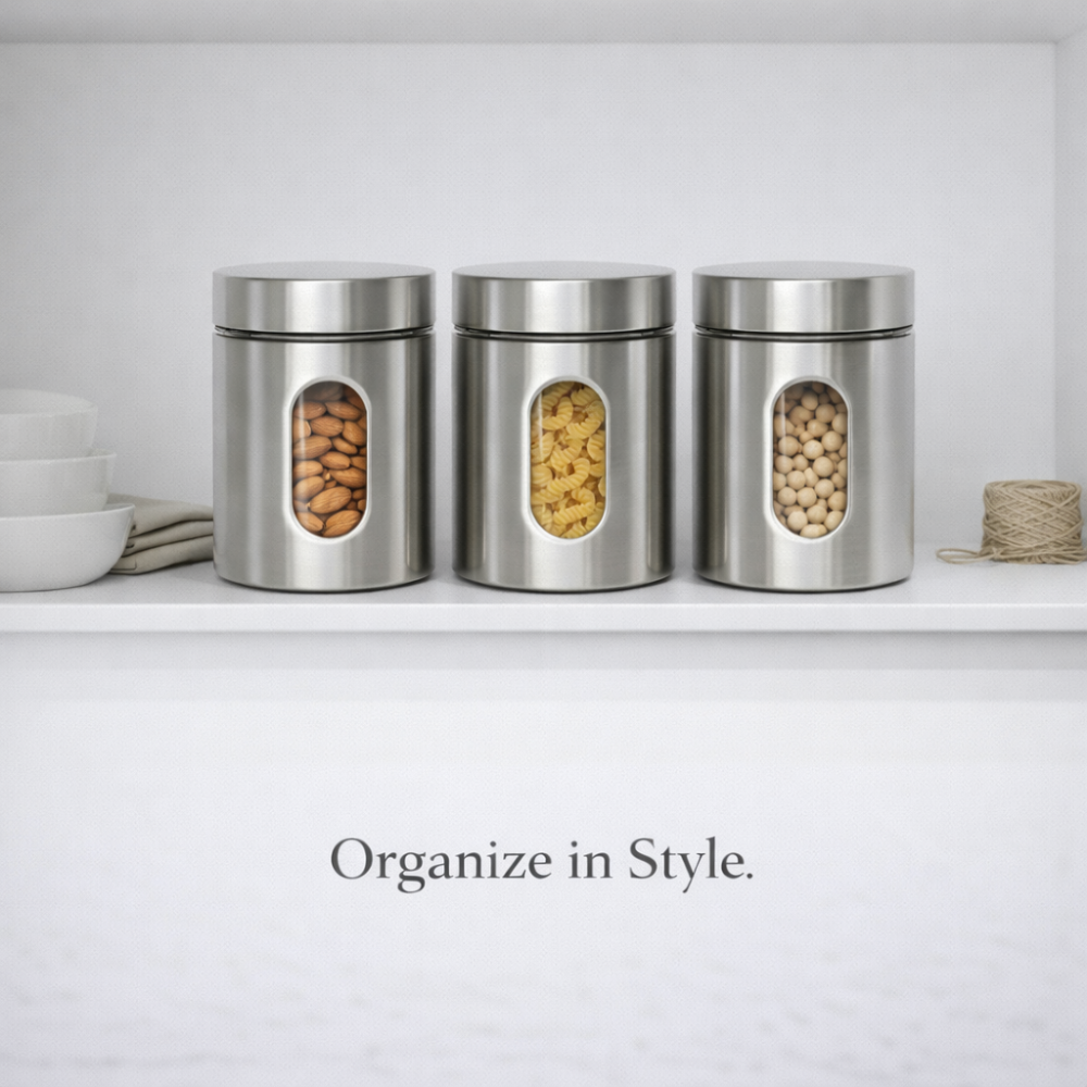 900 ML Stainless Steel Storage Jar Set of 3 with Transparent Window – Airtight Kitchen Containers for Coffee, Sugar, Tea, Dry Fruits & Pantry Storage (Modern Silver Finish)