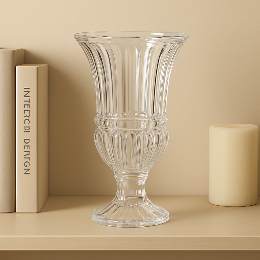 DELISOGA Premium Cut Glass Flower Vase – Tall Crystal Urn Design with Fluted Pattern  | Elegant Centerpiece for Living Room, Dining Table & Gifting (1 Pc)