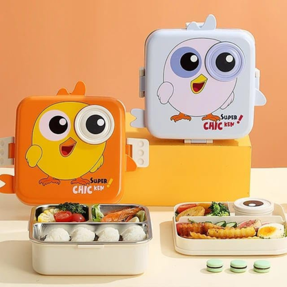 Cute Chicken Kids Lunch Box | 3-Compartment Leak-Proof Bento Tiffin with Stainless Steel Tray | Cartoon Chick School Lunch Box for Kids