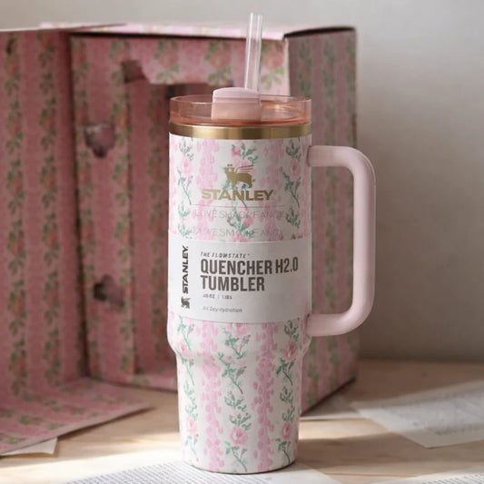 Stanley Quencher H2.0 FlowState™ Tumbler 40oz Pink Floral Edition – Vacuum Insulated Stainless Steel Travel Cup with Handle & Straw