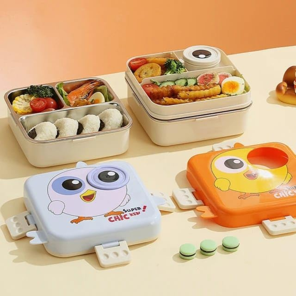 Cute Chicken Kids Lunch Box | 3-Compartment Leak-Proof Bento Tiffin with Stainless Steel Tray | Cartoon Chick School Lunch Box for Kids