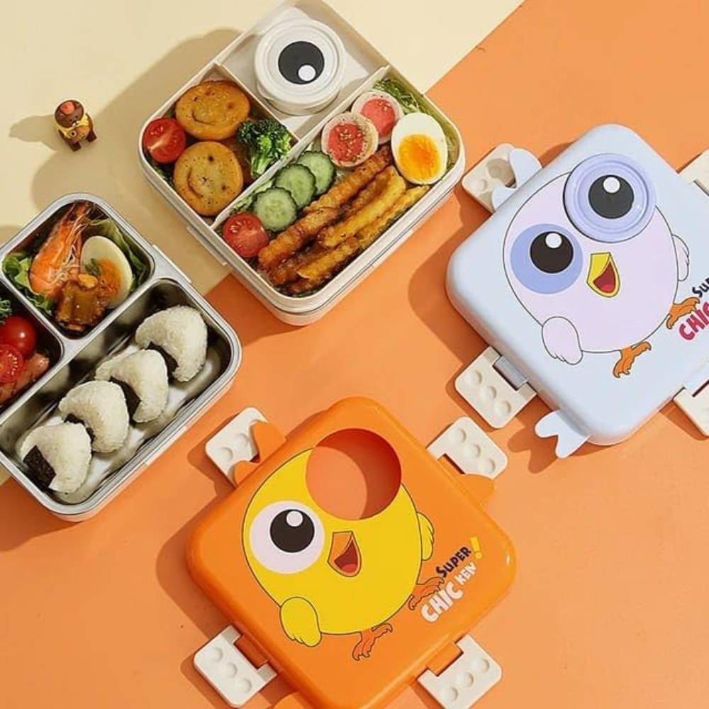 Cute Chicken Kids Lunch Box | 3-Compartment Leak-Proof Bento Tiffin with Stainless Steel Tray | Cartoon Chick School Lunch Box for Kids
