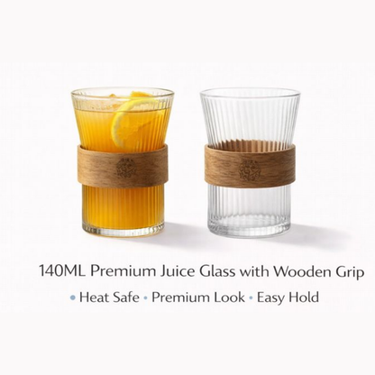 140ML Premium Juice & Tea Glass with Wooden Grip | Heat-Safe Textured Glass Tumbler 2 PCS SET | Elegant Small Drinking Glass for Coffee, Tea & Daily Use