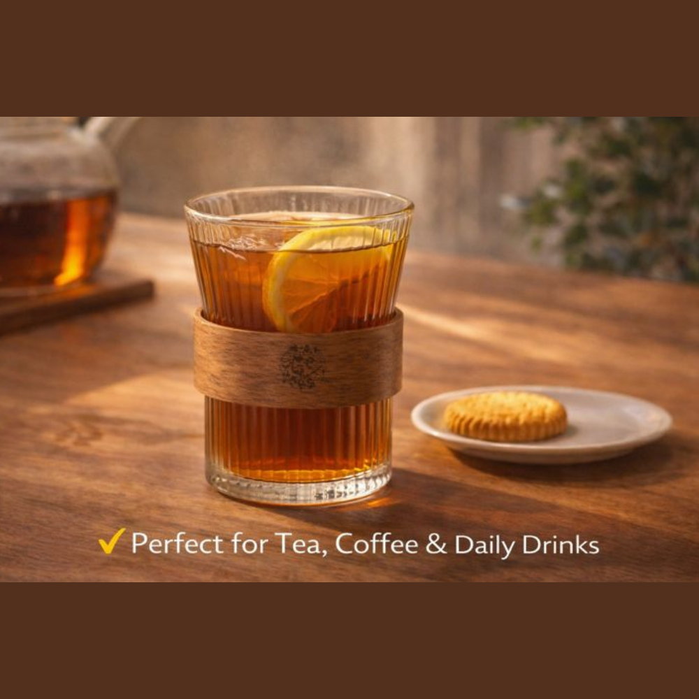140ML Premium Juice & Tea Glass with Wooden Grip | Heat-Safe Textured Glass Tumbler 2 PCS SET | Elegant Small Drinking Glass for Coffee, Tea & Daily Use