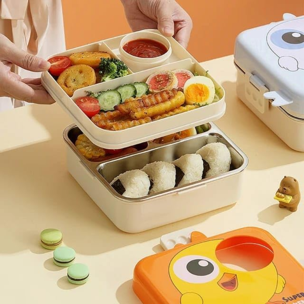 Cute Chicken Kids Lunch Box | 3-Compartment Leak-Proof Bento Tiffin with Stainless Steel Tray | Cartoon Chick School Lunch Box for Kids