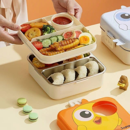 Cute Chicken Kids Lunch Box | 3-Compartment Leak-Proof Bento Tiffin with Stainless Steel Tray | Cartoon Chick School Lunch Box for Kids
