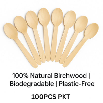 Eco-Friendly Wooden Spoons (100 pcs) – 100% Natural Birchwood | Biodegradable, Compostable, Plastic-Free Cutlery for Parties, Takeaway & Catering