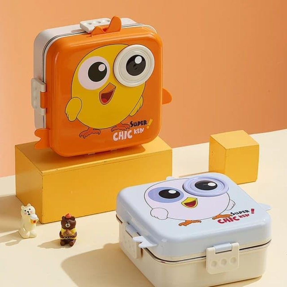 Cute Chicken Kids Lunch Box | 3-Compartment Leak-Proof Bento Tiffin with Stainless Steel Tray | Cartoon Chick School Lunch Box for Kids