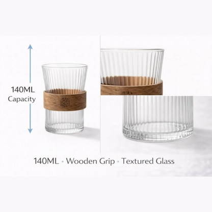 140ML Premium Juice & Tea Glass with Wooden Grip | Heat-Safe Textured Glass Tumbler 2 PCS SET | Elegant Small Drinking Glass for Coffee, Tea & Daily Use