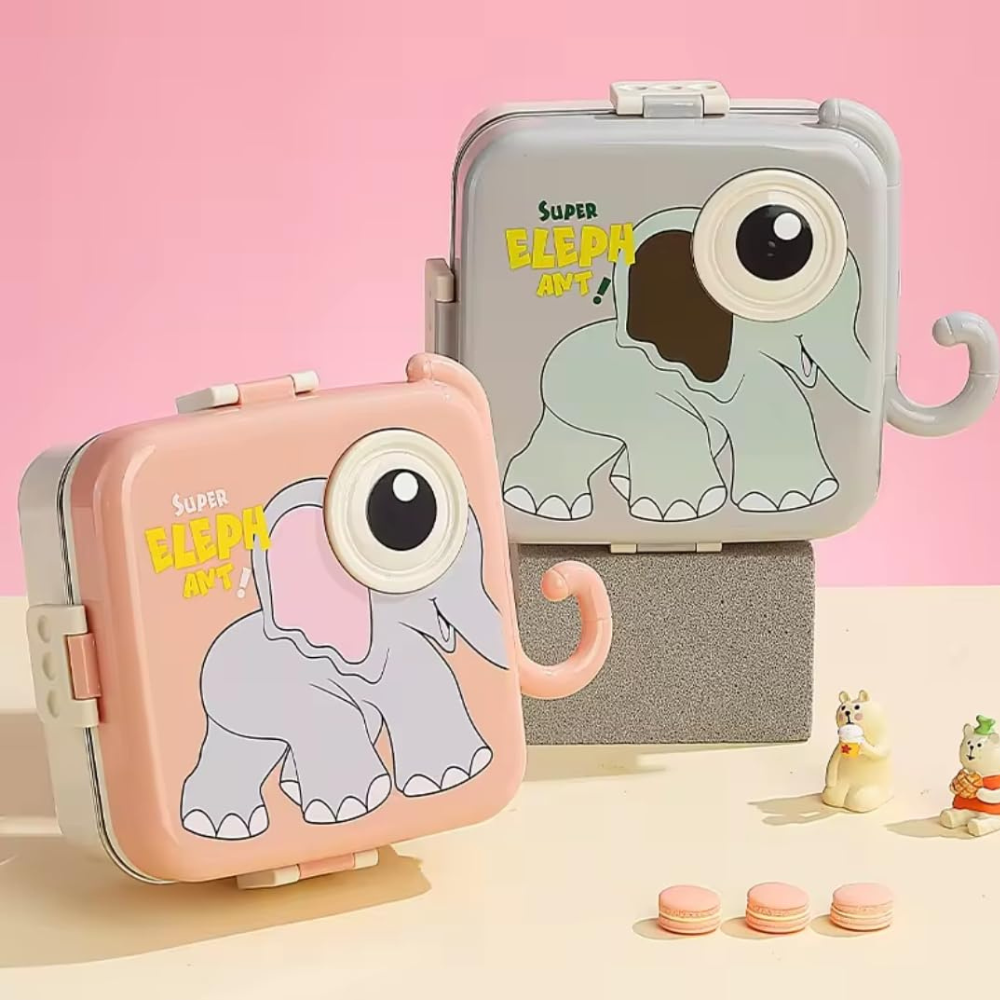 Cute Elephant Kids Lunch Box | 3-Compartment Leak-Proof Bento Tiffin Box with Stainless Steel Tray | Cartoon Elephant School Lunch Box for Kids