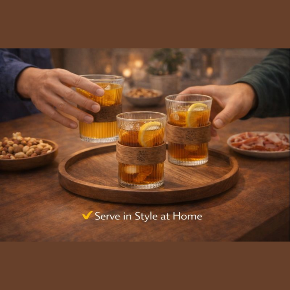 140ML Premium Juice & Tea Glass with Wooden Grip | Heat-Safe Textured Glass Tumbler 2 PCS SET | Elegant Small Drinking Glass for Coffee, Tea & Daily Use