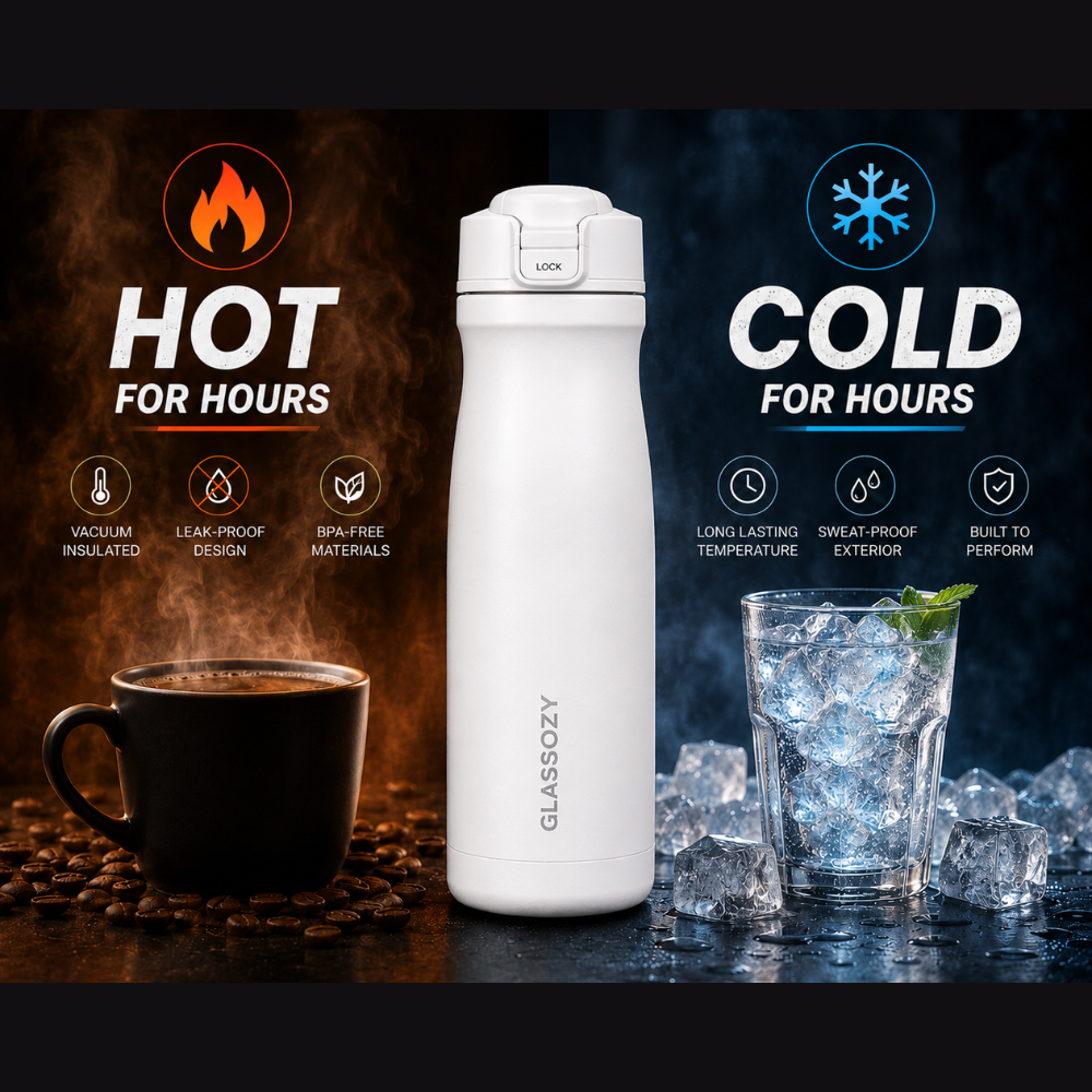 Glassozy Premium Vacuum Insulated Stainless Steel Water Bottle | Leak-Proof Thermos Flask | Hot & Cold Retention | BPA-Free Travel Bottle