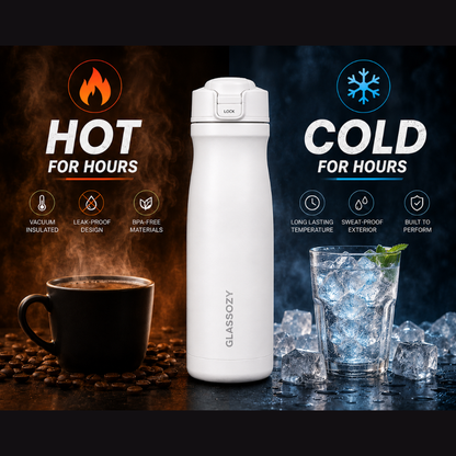Glassozy Premium Vacuum Insulated Stainless Steel Water Bottle | Leak-Proof Thermos Flask | Hot & Cold Retention | BPA-Free Travel Bottle