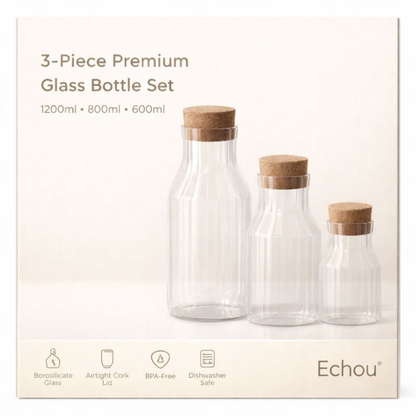 Echou 3-Piece Borosilicate Glass Storage Jar Set with Spherical Cork Lids – 600ml, 800ml, 1200ml
