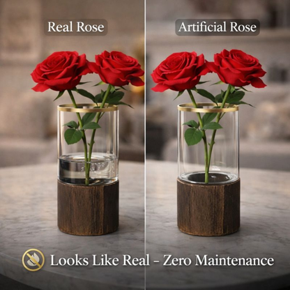 Premium Artificial Red Rose with Glass Vase & Wooden Base – 8 Inch Elegant Home Décor Showpiece for Living Room, Office & Gifting