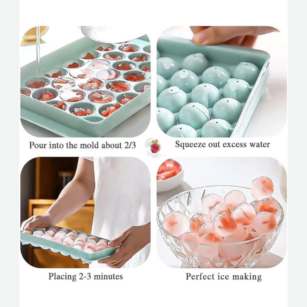 Premium Ice Ball Maker Tray – Stackable Freezer Ice Cube Mould (32-Grid) for Cocktails, Juice, Cold Coffee & Summer Drinks | BPA-Free Silicone Ice Tray with Lid