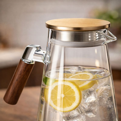 Premium Glass Water Jug 2 Litre with Wooden Handle | Lemon Water, Juice & Iced Tea Pitcher | Easy Pour Spout | Transparent Glass Carafe for Home & Dining