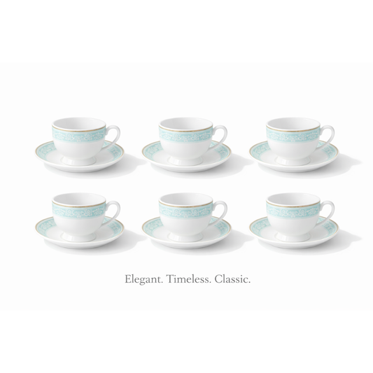 Premium Ceramic Tea Cup & Saucer Set (12 Pcs) – 180 ML Elegant Coffee Cups with 5.5 Inch Saucer – Classic Blue & Gold Design | Fine Dining & Gifting Set