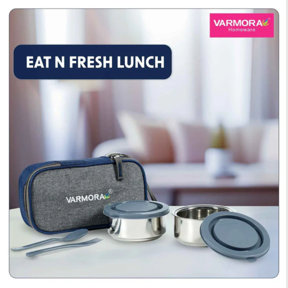 Varmora SS | Insulated Stainless Steel Lunch Box With 2 Containers | Lunch Bag Included | Airtight & Leak-Proof