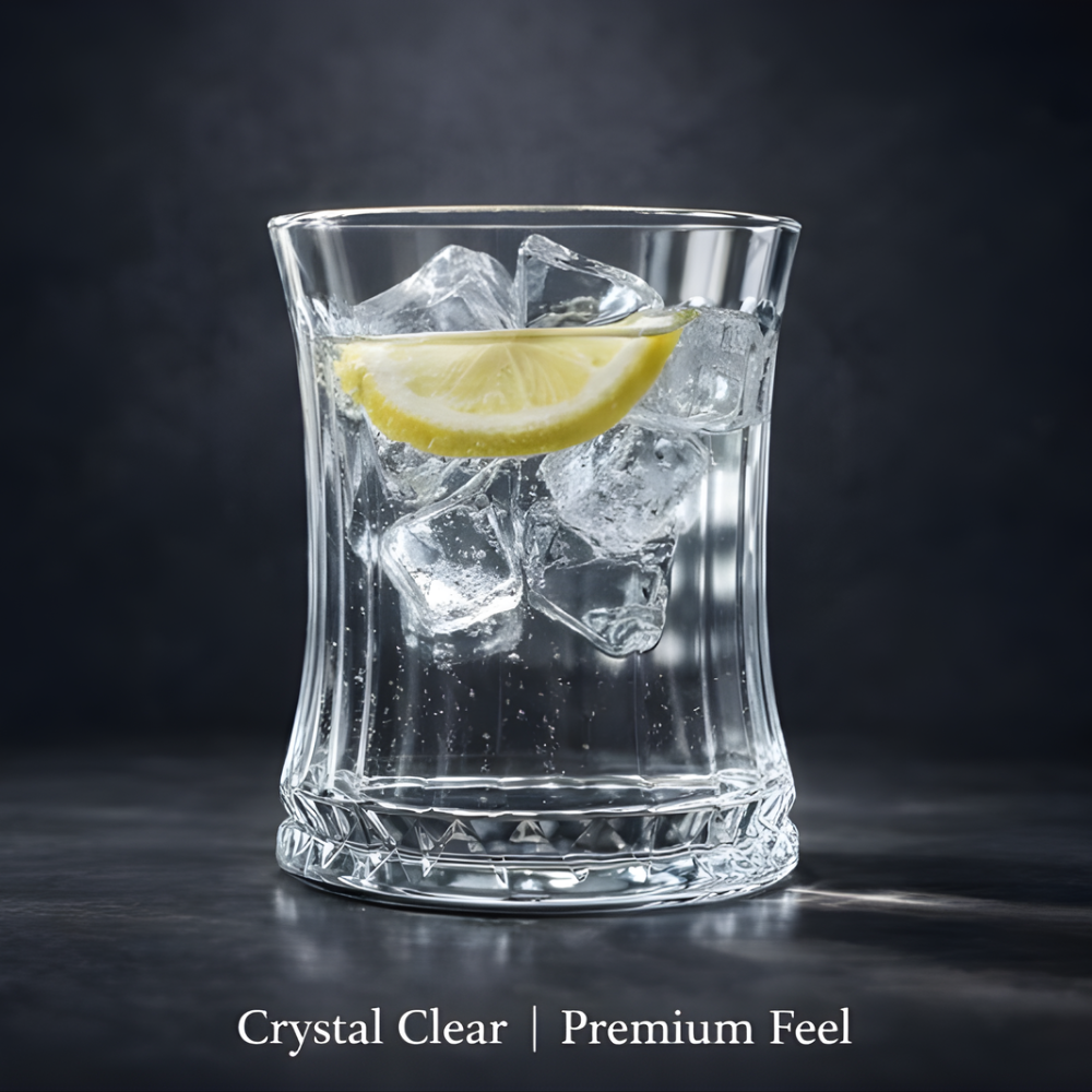 Glassozy 6-Piece Ribbed Crystal Water Glass Set – 12oz Premium Glassware with Wooden Serving Tray – Perfect Gift for Housewarming, Weddings & Hosting