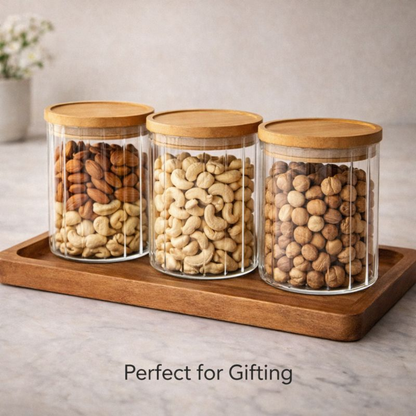Aesthetic Ribbed Glass Storage Jar 1 PCS with Airtight Natural Wood Lid – Modern Fluted Pantry Canister for Cookies, Nuts, and Kitchen Organization.