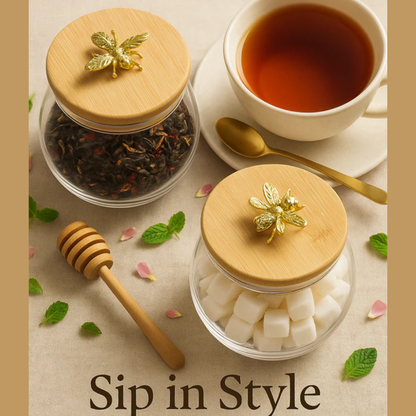 Glassozy 600 ml Premium Borosilicate Glass Jar 2 PCS with Bamboo Lid & Golden Bee Handle — Elegant Airtight Container for Honey, Dry Fruits, Tea, or Coffee