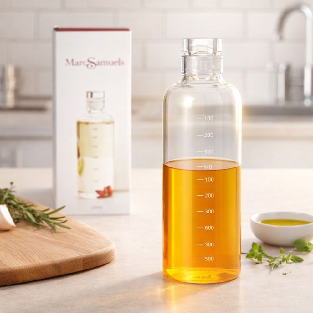 Marc Samuels 520ml Premium Glass Oil Dispenser – Leak-Proof Borosilicate Glass Bottle with Measurement Markings & Airtight Cap – Elegant Kitchen Cruet for Olive Oil, Vinegar, & Syrups