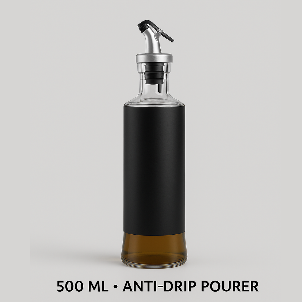 Glassozy  500 ml Oil Dispenser for Kitchen | Anti-Drip Stainless Steel Pourer | Glass Olive Oil & Vinegar Bottle with Leak-Proof Cap | Matte Black Non-Slip Grip | Perfect for Cooking & Salad Dressing