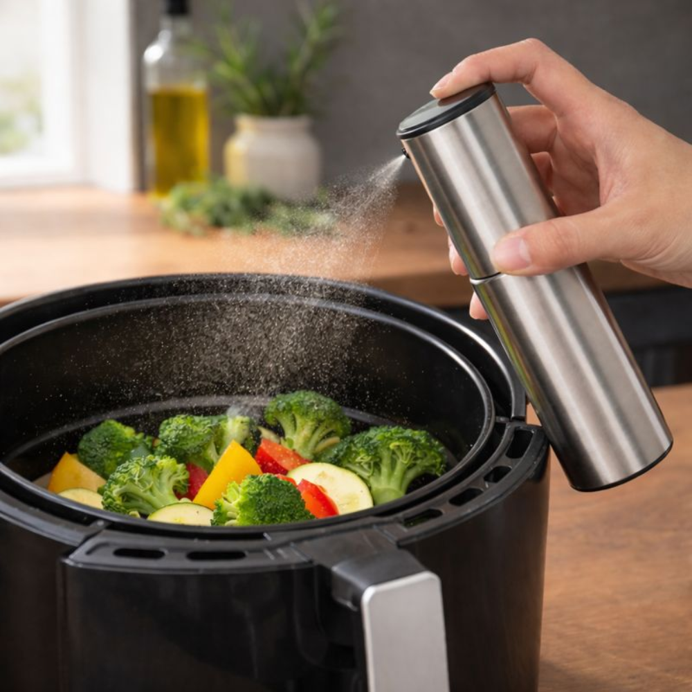 Glassozy 100ml Oil Sprayer for Cooking - Premium Stainless Steel & Glass Vinegar Dispenser - Food-Grade Oil Mister for Air Fryer, Grilling, Salads, and Baking - Reusable & Leak-Proof (Silver)