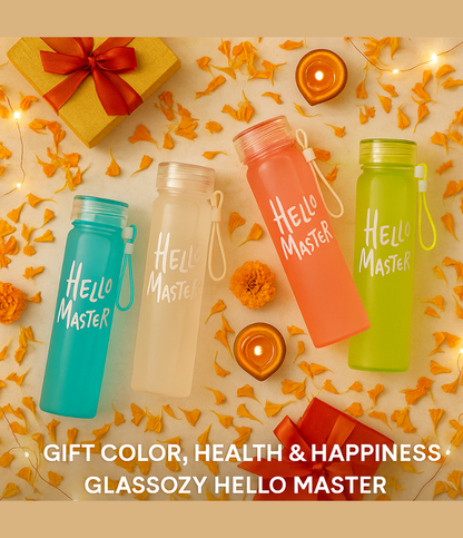 Hello Master Frosted Glass Water Bottle | 500ml Leakproof & Eco-Friendly Travel Bottle with Silicone Strap | Stylish Reusable Bottle for Office, Gym, and Outdoor Use (Multicolor)