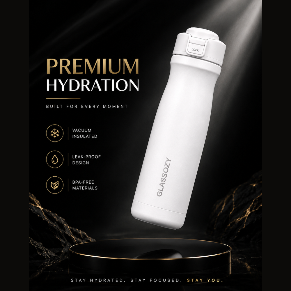Glassozy Premium Vacuum Insulated Stainless Steel Water Bottle | Leak-Proof Thermos Flask | Hot & Cold Retention | BPA-Free Travel Bottle