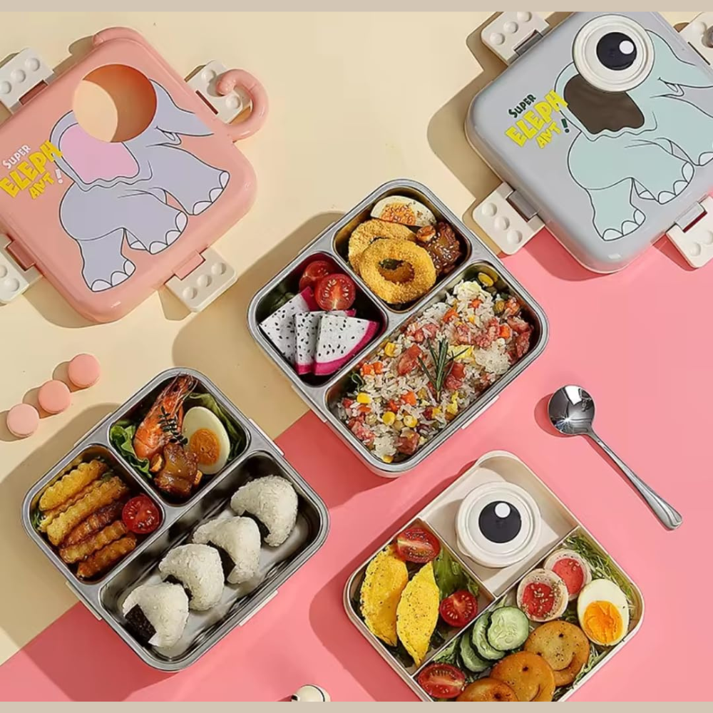 Cute Elephant Kids Lunch Box | 3-Compartment Leak-Proof Bento Tiffin Box with Stainless Steel Tray | Cartoon Elephant School Lunch Box for Kids