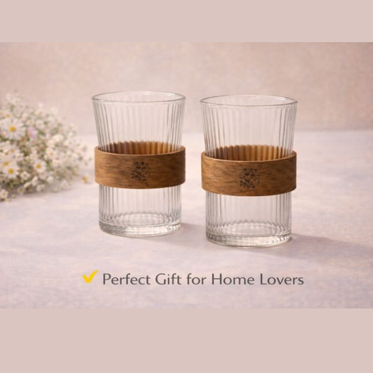 140ML Premium Juice & Tea Glass with Wooden Grip | Heat-Safe Textured Glass Tumbler 2 PCS SET | Elegant Small Drinking Glass for Coffee, Tea & Daily Use